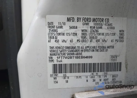 2011 Ford F-250 Lariat z USA, uszkodzony, nr VIN 1FT7W2BT1BEB64699